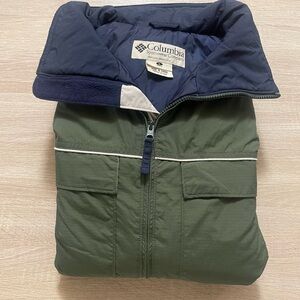 Columbia Men's Olive Green Raincoat with Navy Collar
